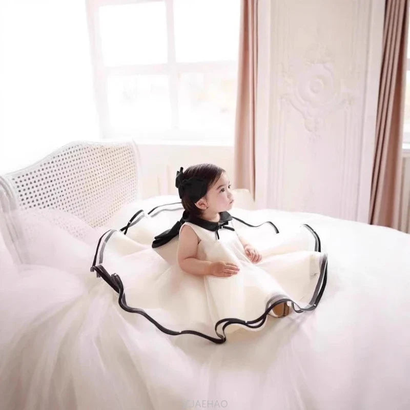 Party Dress Costumes Korean Style Girls Tulle First Birthday Dresses Children Black Bow  Collar Kids Flower Girl Gown Clothes