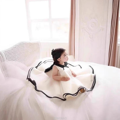 Party Dress Costumes Korean Style Girls Tulle First Birthday Dresses Children Black Bow  Collar Kids Flower Girl Gown Clothes