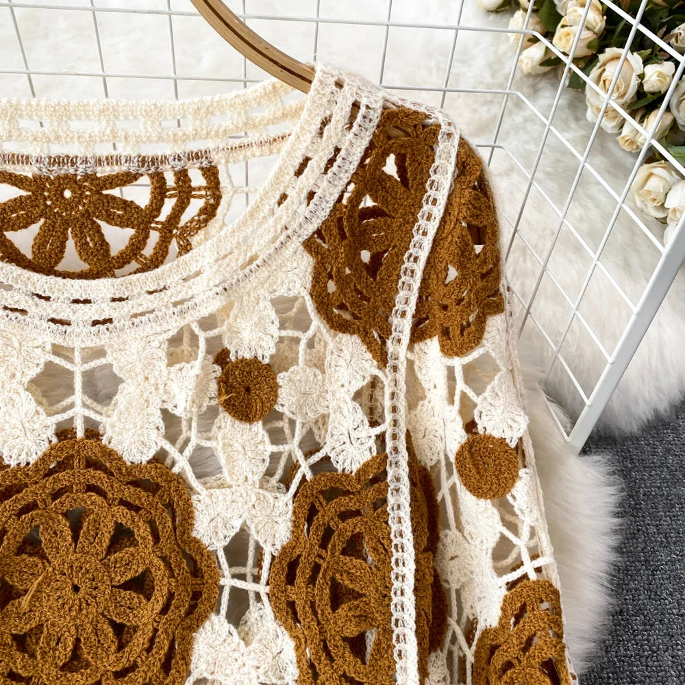 Hook Flower Hollow Out Tops Women Long Lantern Sleeves Tassels Vintage Bohemian Loose Beachwear Hotsweet Knit Blouse
