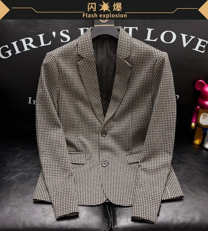Plus-Size Men's Spring New Korean Style Slim-Fit Trendy Handsome Single-Breasted Houndstooth Suit Jacket