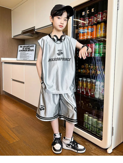 Summer Boys Quick-dry Glossy Alphabet T-Shirt Top+Shorts Sportswear Set School Kids 2PCS Tracksuit Children Jersey Outfit 5-16Yr