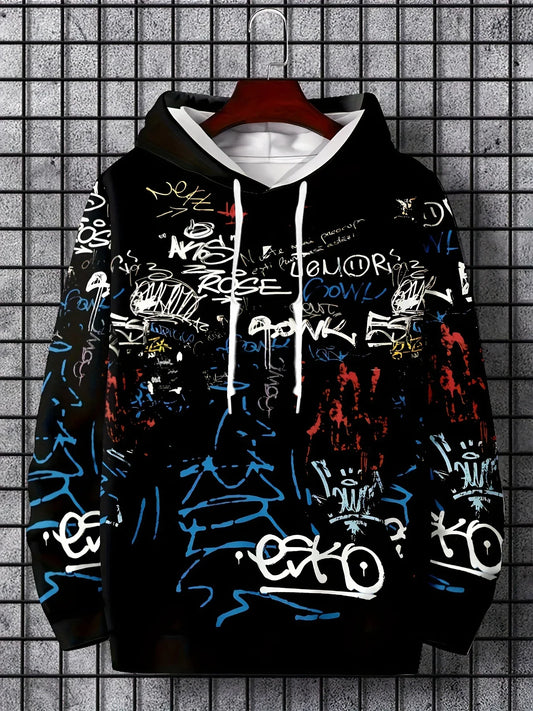 Fashionable men's autumn personalized letter graffiti print soft and comfortable hooded sweatshirt outdoor urban high street to