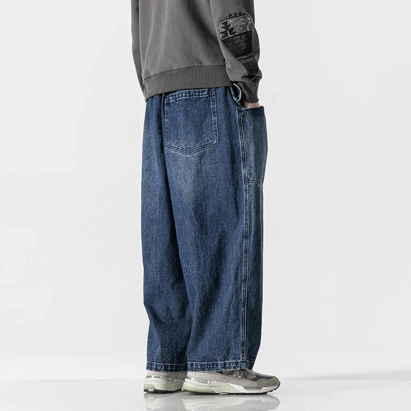 2023 Men Straight Denim Pants Men Blue Jeans Loose Trousers Male Causal Oversize Wide Leg Pants Elastic Waist Black Jeans