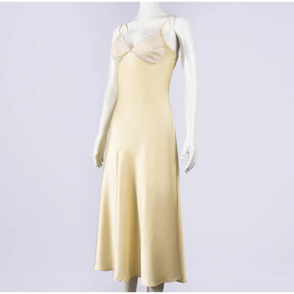 Women Sexy V-neck Satin Sling Maxi Dresses Chic White Lace Patchwork Sleeveless Backless Slim Gowns Summer Evening Party Dress