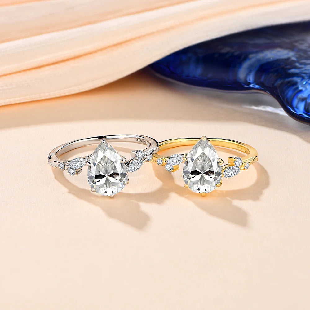 Full Moissanite Ring 7*10mm 2.0CT DVVS1 Pear Shape S925 Sterling Silver For Women Engagement Bride Vintage Jewelry Gift