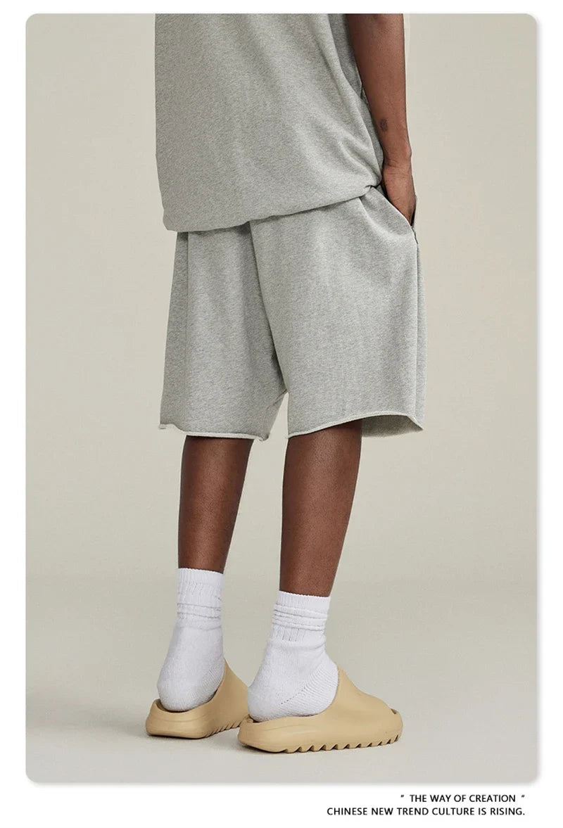 New Summer Men Retro Washed Shorts Unisex Drawstring Loose Edge 420gsm Solid Knee Length Cotton Pants Streetwears HY0589