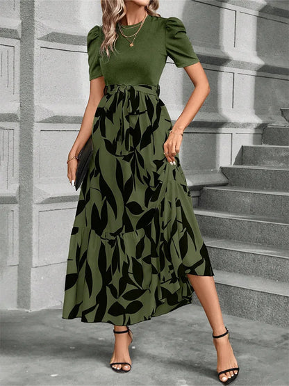 Elegant Floral Print Round Neck Long Dresses Women Short Sleeve High Waist Lace-up Office Lady Holiday Party Dresses Vestidos