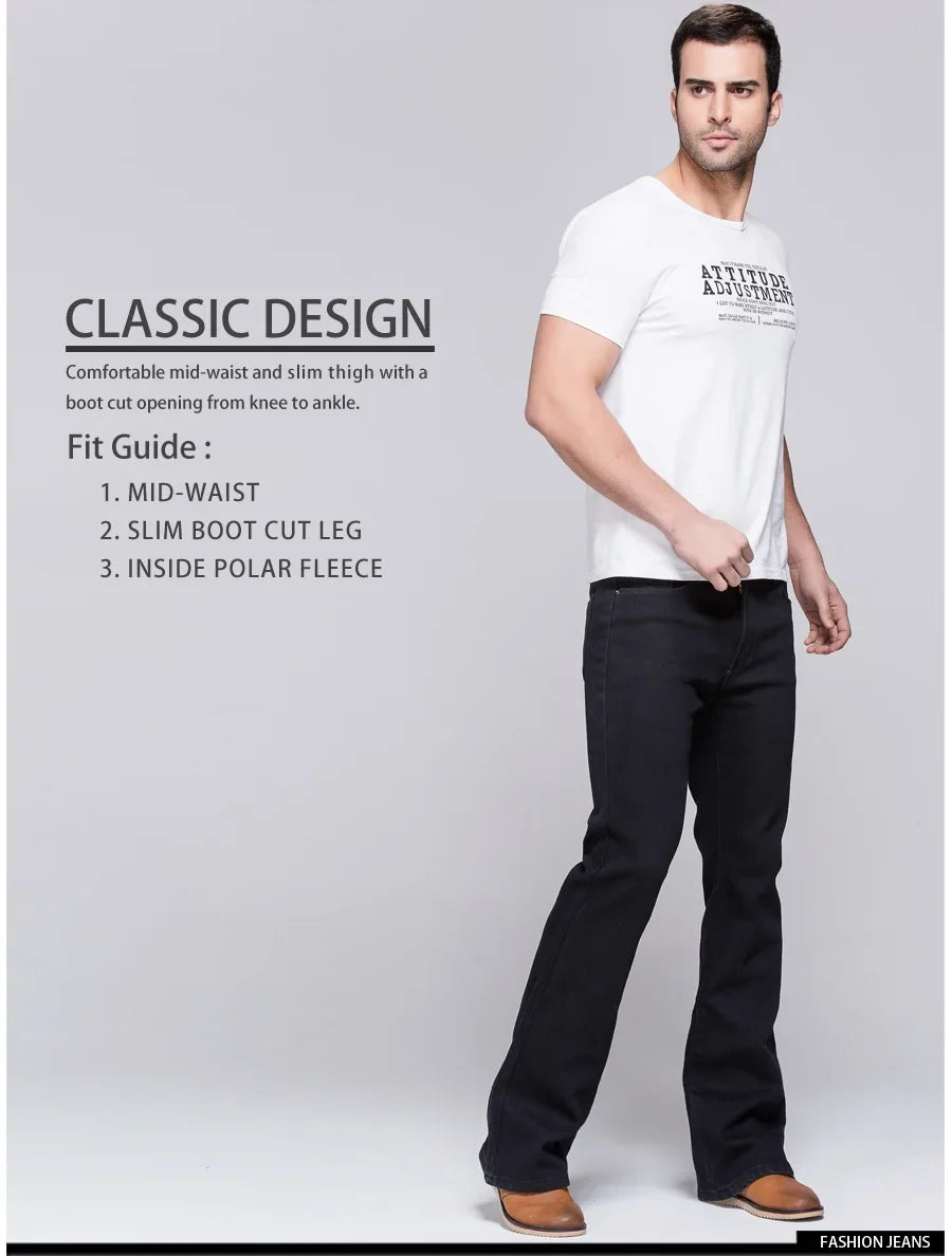 Mens Winter Stretch Denim Jeans Thicken Warm Pants Slim Slightly Flare Trousers Boot Cut Fit Polar Fleece Jeans