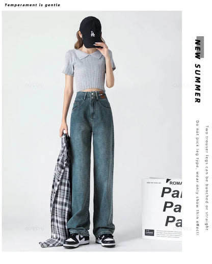 Y2K Woman Jeans High Waist Wide Leg Cotton Denim Clothing Blue White Streetwear Vintage Fashion Harajuku Straight Pants