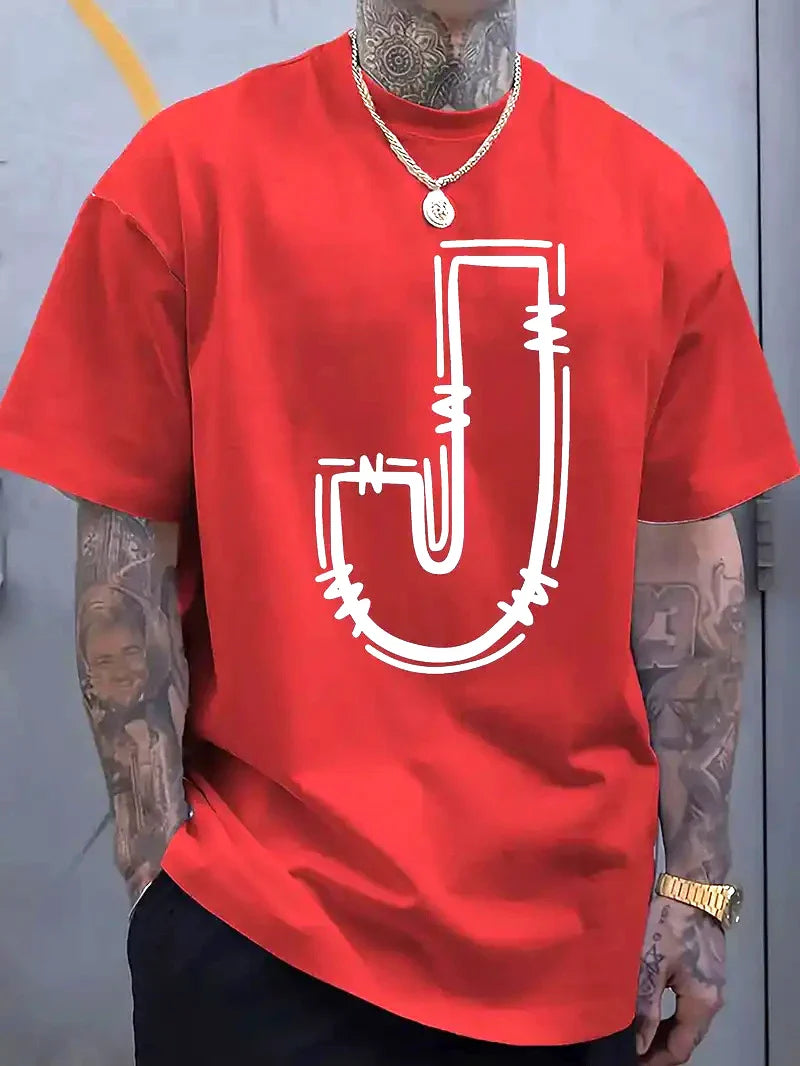 Men's Casual Cotton T-Shirt with Stylish J-Letter Print - Breathable, Comfort Fit for Spring & Summer Urban Fashion Tees for Men