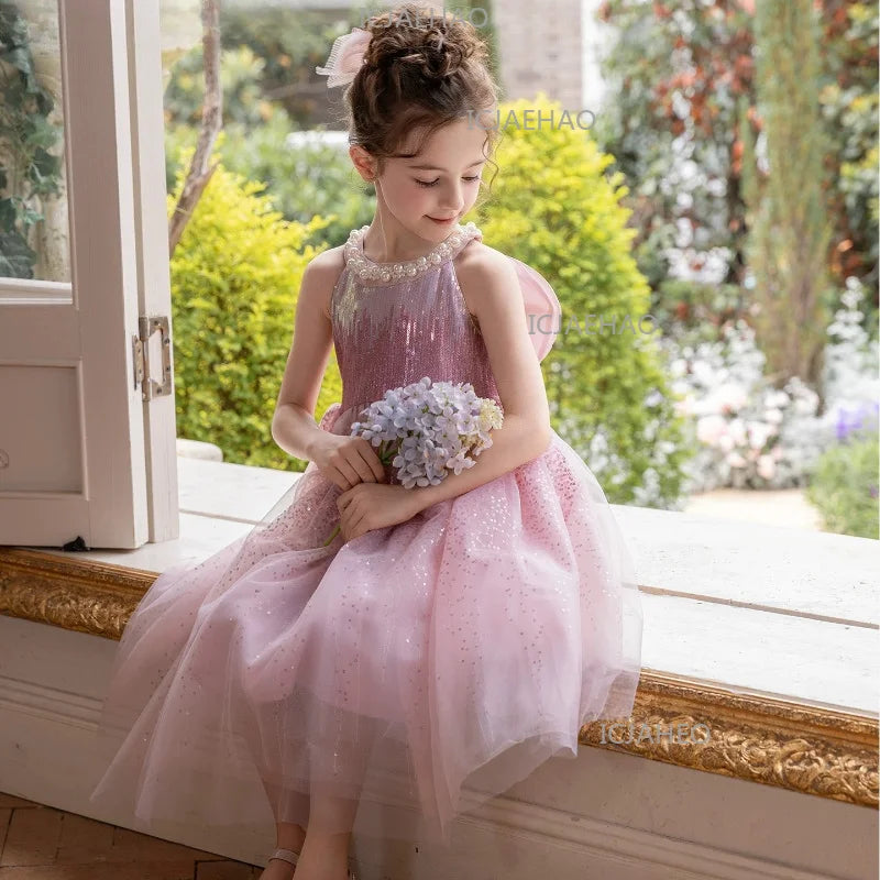 2026 Children Girls Dress New Princess Gown Summer Pink Tulle Formal Pageant Costume Kids Birthday Party Fashion Sleeveless
