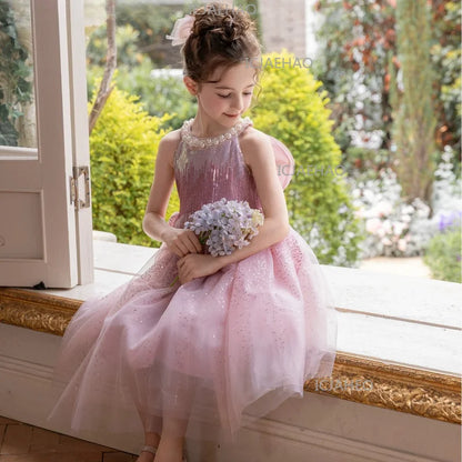 2026 Children Girls Dress New Princess Gown Summer Pink Tulle Formal Pageant Costume Kids Birthday Party Fashion Sleeveless