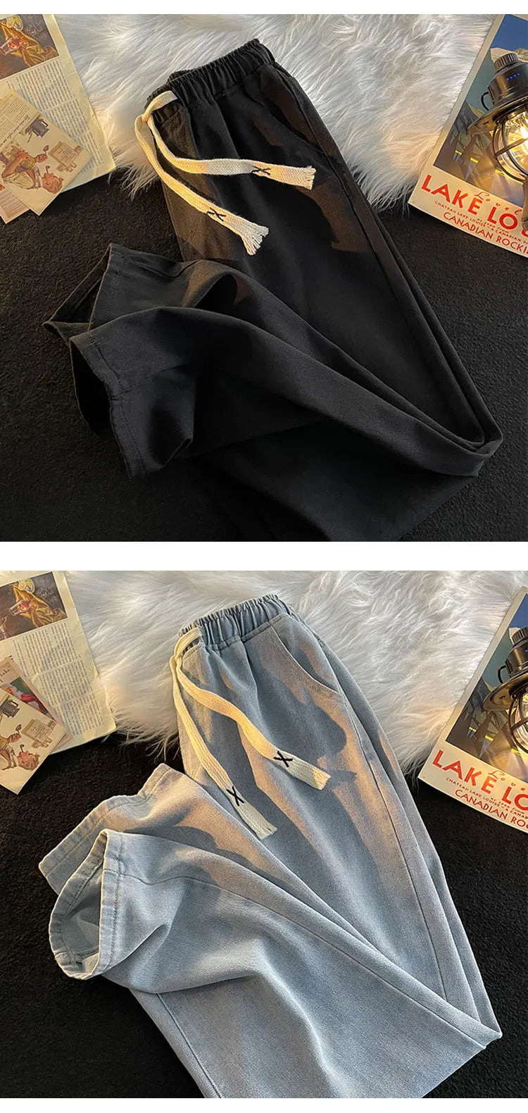 Casual Loose Straight Leg Men's Jeans Drawstring Elastic Waist Wide Leg Long Trousers High Street Fashion Denim Pants