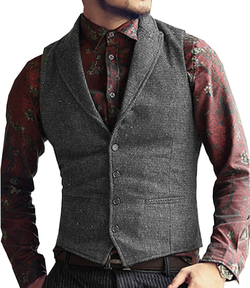 Men's Suit Vest Slim Fit Herringbone Pattern Mail Waistcoat Flip Tie Pocket Vest Business Banquet Wedding Groomsman Dress Vests