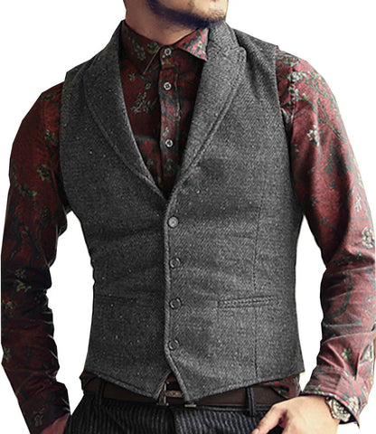 Men's Suit Vest Slim Fit Herringbone Pattern Mail Waistcoat Flip Tie Pocket Vest Business Banquet Wedding Groomsman Dress Vests