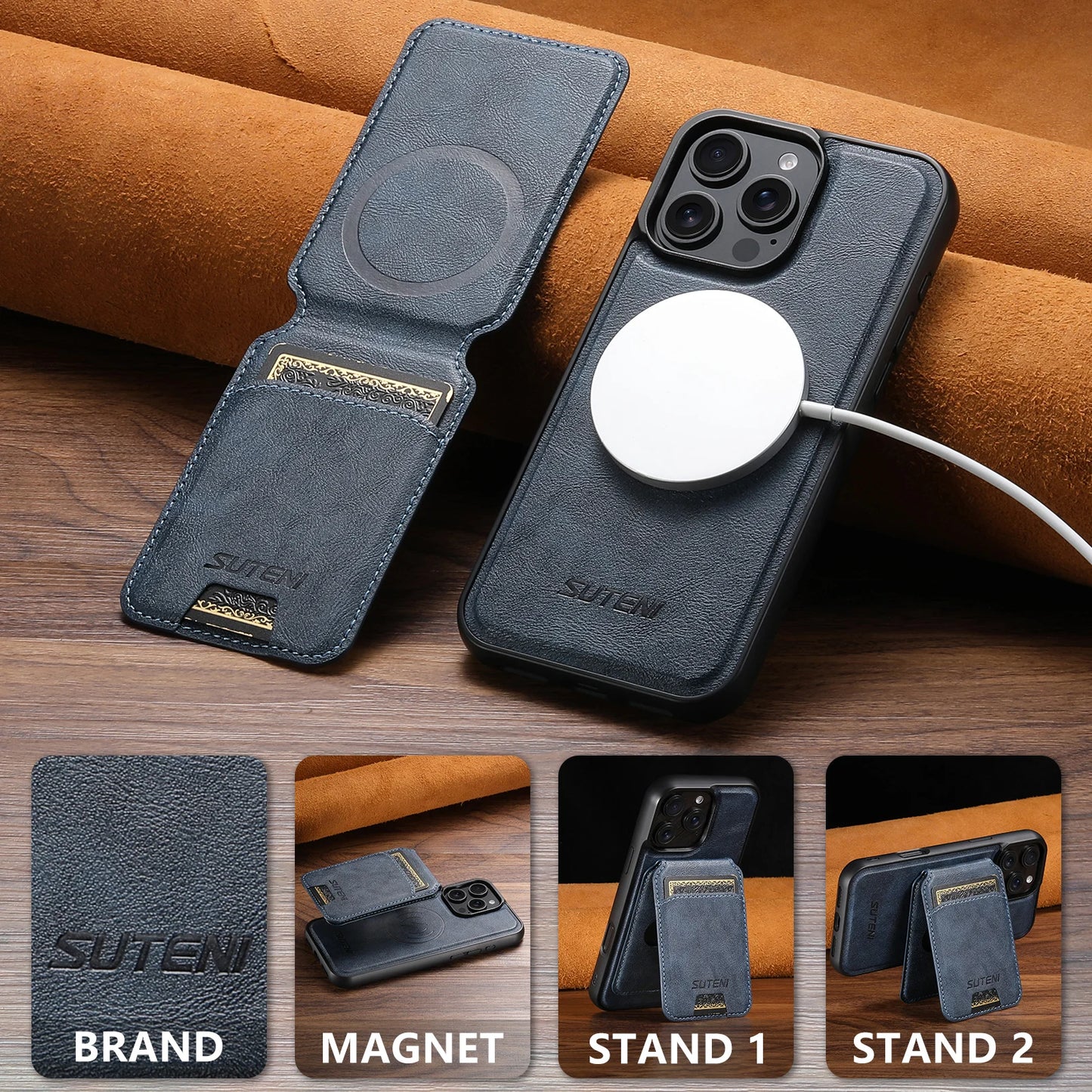 Wireless Charging Magnet PU Leather Phone Case Card Holder Stand For iPhone 17 Pro Max 16 Plus 15 Pro 13 12
