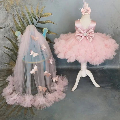 Customized Flower Girl Dresses Puffy Girl Dress Pink Baby Dress With Train Bow Cute Kid's Child Birthday Dresses Frist Communion