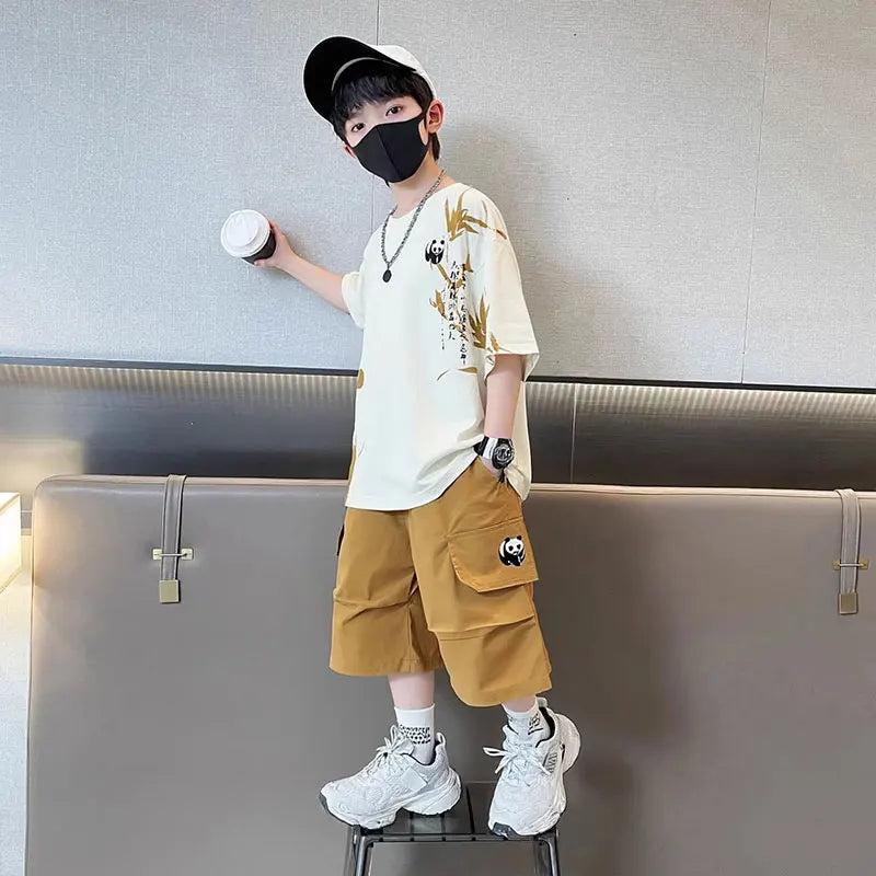 Chinese Style Kids Boy Summer Suit Twopiece Outfit Set With Panda Print T-shirt And Shorts Clothing Set for Children Streetwear
