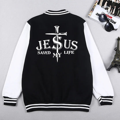 Jesus Saved My Life Letter Graphic Men'S Jackets Preppy Style Baseball Uniforms Casual S-5Xl High Street Motion Clothing