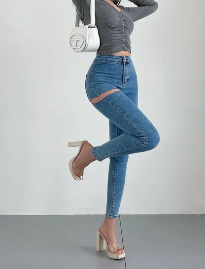 American Spicy Girls Sexy Hole Jeans Slim High Waist Elastic Feet Pencil Pants Trousers Fashion Women BOF8