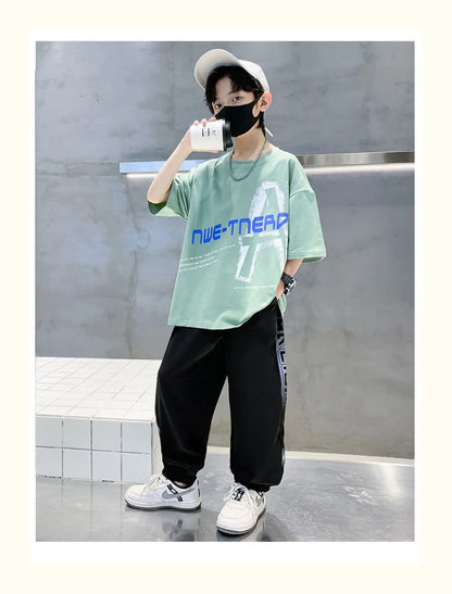 Summer Boys Cotton Loose Alphabet T-Shirt Tops+Sweatpant Workout Set School Kids 2PCS Tracksuit Children Jogger Outfits 5-16 Yr