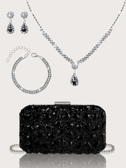 Fashionable and Luxurious, Simple Rhinestone Party Clutch and Box Bag, Exquisite and Elegant Women's Evening Bag, Paired with a Gorgeous Rhinestone Pendant Necklace, Bracelet, and Earrings Four-Piece Set, Perfect Wallet for P