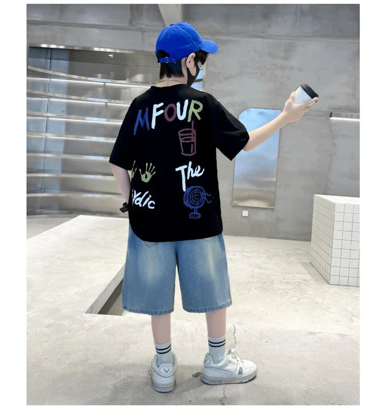 Luxurious Boys Set Summer Outfit Suit Age 5 6 7 8 9 10 11 12 13 14 Years Child Clothing Set Kids Letter T-shirt and Denim Shorts