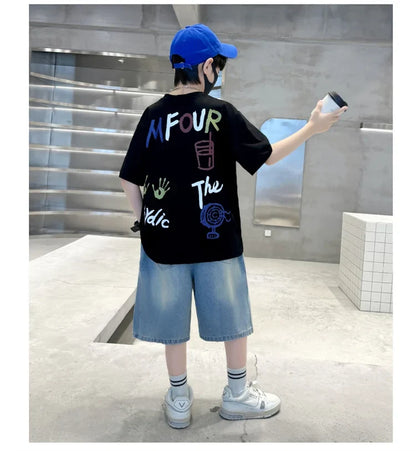 Luxurious Boys Set Summer Outfit Suit Age 5 6 7 8 9 10 11 12 13 14 Years Child Clothing Set Kids Letter T-shirt and Denim Shorts