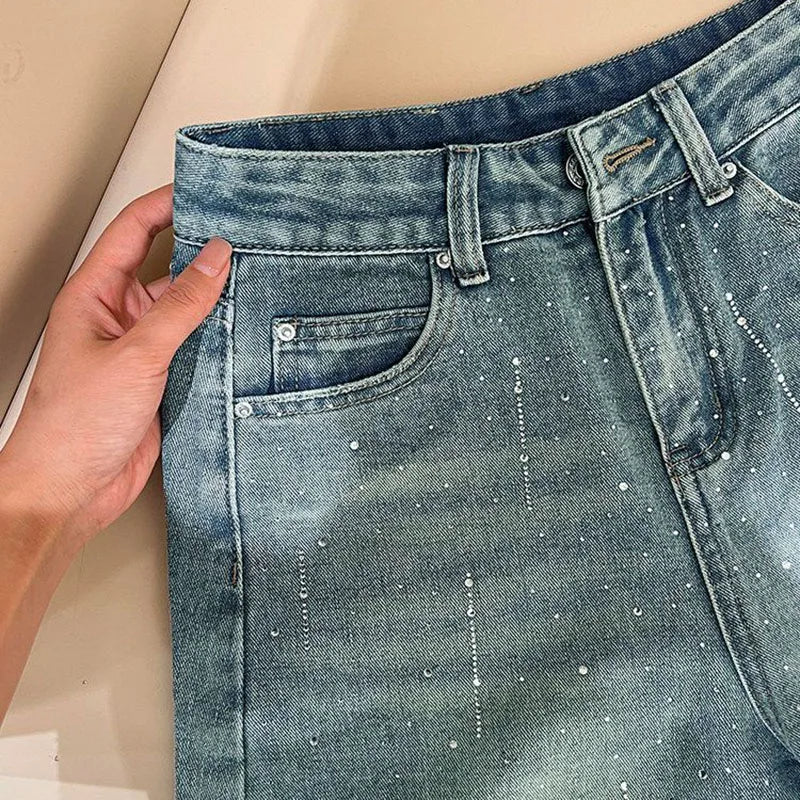 Fashion Rhinestone Denim Shorts for Women Light Blue Summer New Loose Wide Leg Short Pants Korean High Waist Washed Jeans Shorts