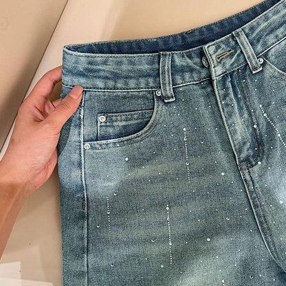 Fashion Rhinestone Denim Shorts for Women Light Blue Summer New Loose Wide Leg Short Pants Korean High Waist Washed Jeans Shorts