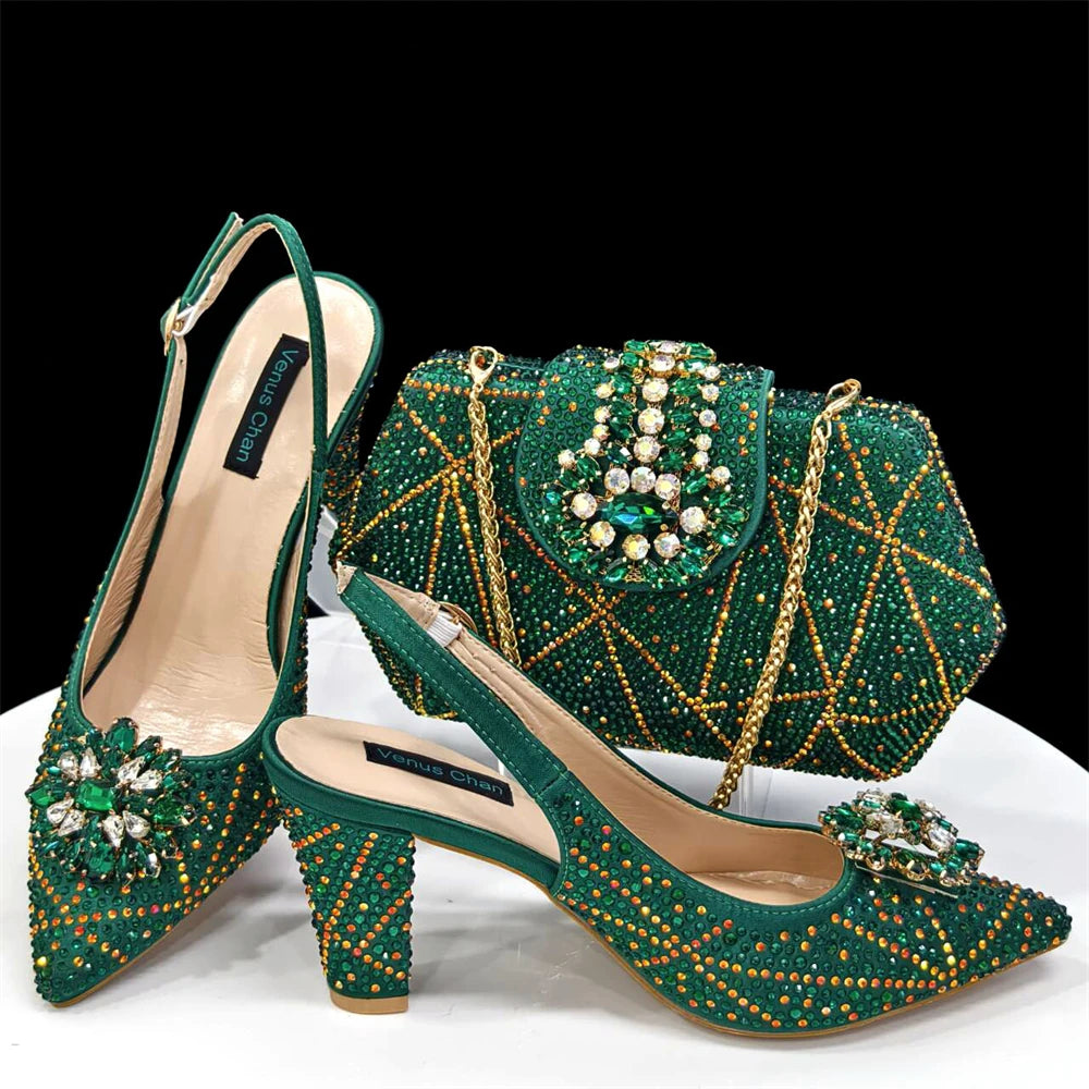 Nigerian Women Heel Party Ladies Italian Design Shoes And Bag Set Decorated with Rhinestone Handbag Wedding Party