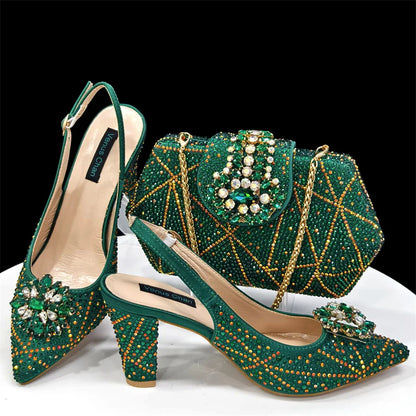 Nigerian Women Heel Party Ladies Italian Design Shoes And Bag Set Decorated with Rhinestone Handbag Wedding Party