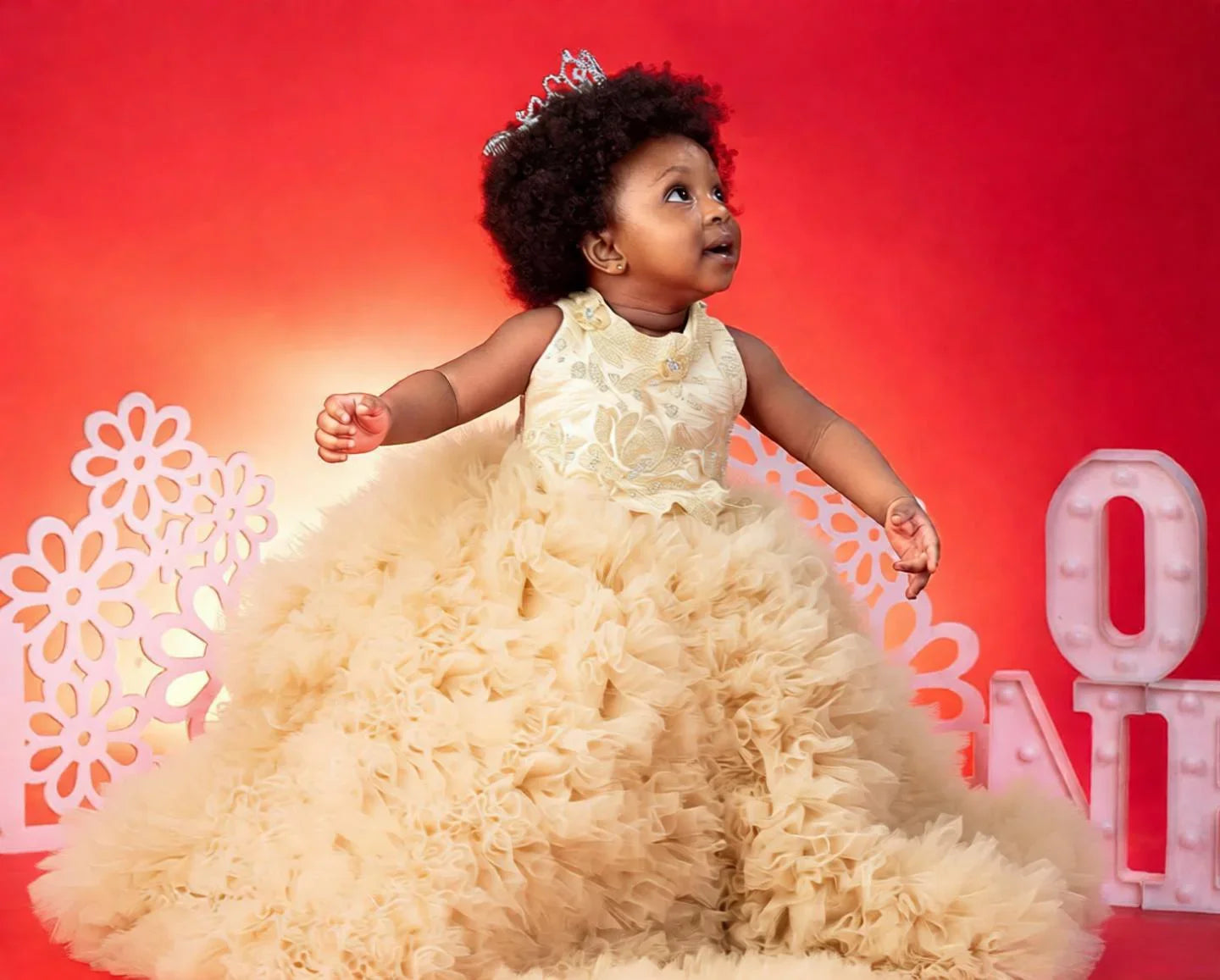 Luxury Red Ruffles Flower Girl Dresses Sequined Princess Customized Baby Girls First Birthday Party Pageant Dress For Wedding
