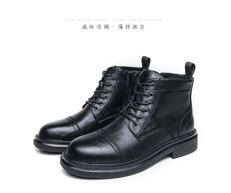 Men Black Leather Boots Casual Lace Up Leather Shoes Size 39-46