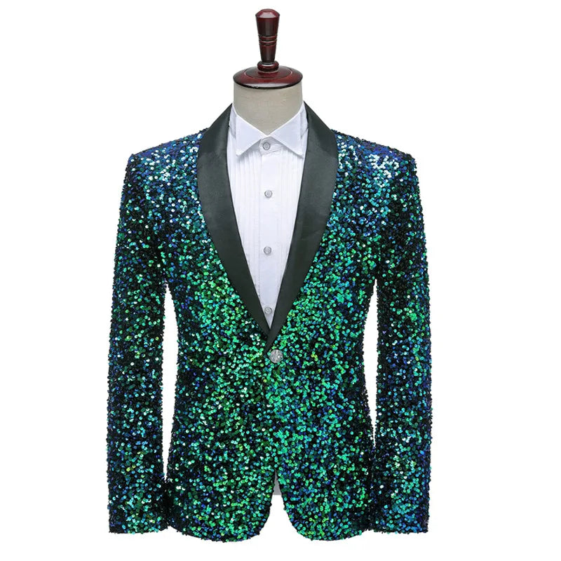 Shimmering Green Sequinned Blazer, Dazzling and Eye-catching, European Sizing, Men's Wedding Party Stage Dazzling Formal Wear