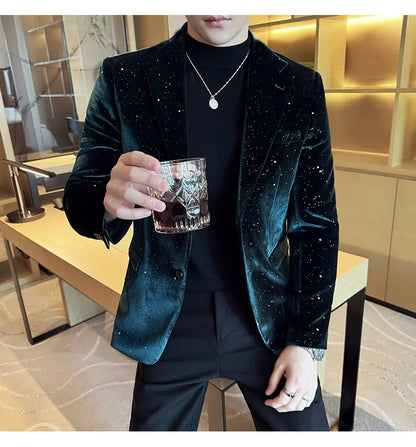 High Quality Velvet Bronzing Suit Coats Mens Sparkle Elegant Slim Business Suits Jacket Homme Formal Social Prom Party Tuxedos