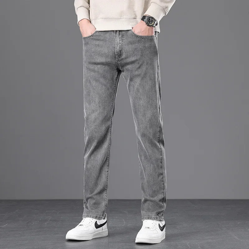 Classic Men Vintage Cloth High Waist Trousers 2024 Autumn Loose Straight Stretch Wash Jeans High Quality Sky Blue Brand Pants
