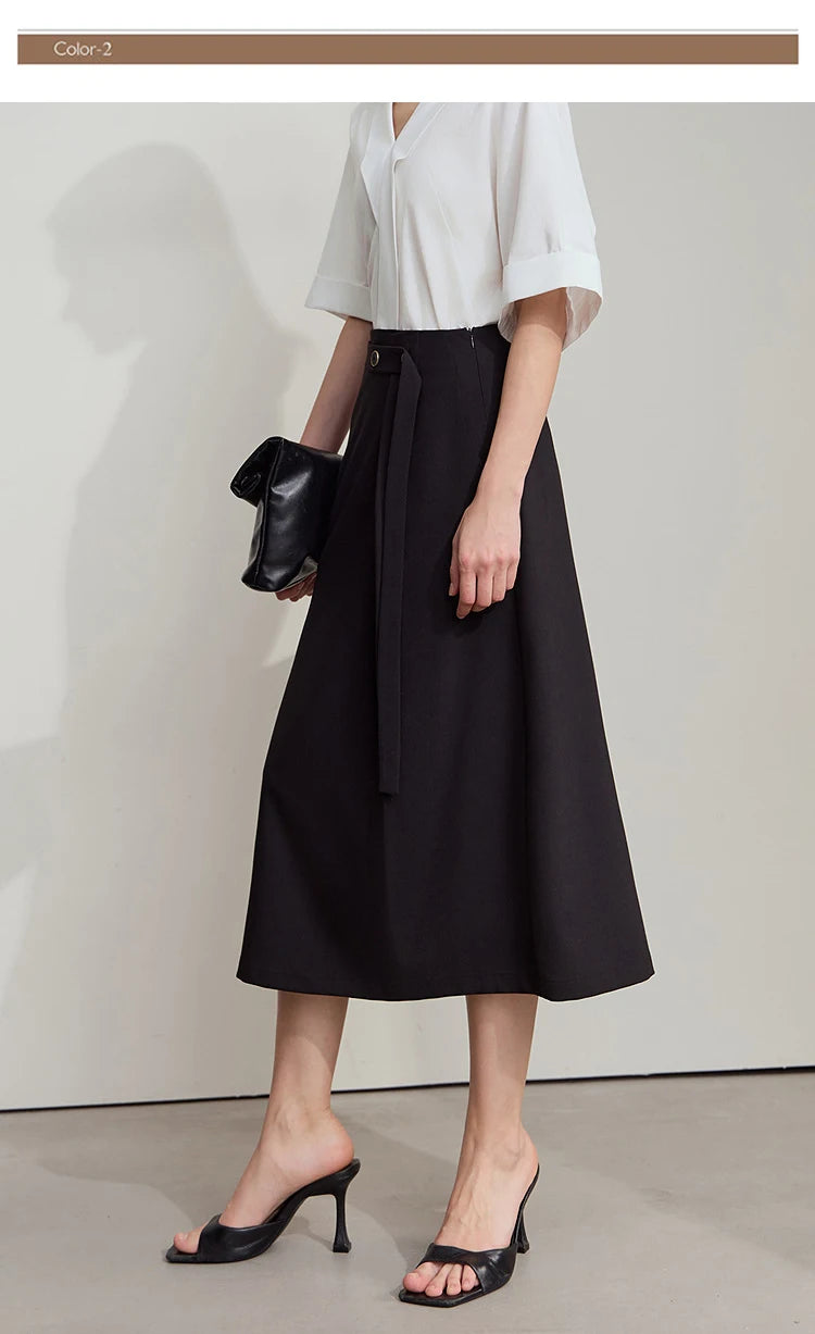 Minimalist Knee length Skirt Women Pleated A-line Loose Dress Elegant Commuting Style Belt Decoration Skirts 12522074