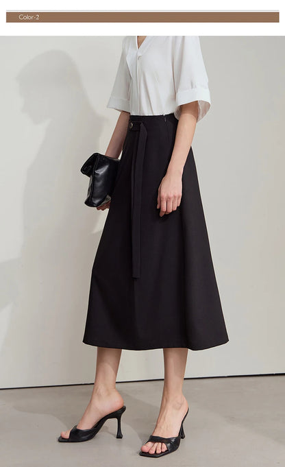 Minimalist Knee length Skirt Women Pleated A-line Loose Dress Elegant Commuting Style Belt Decoration Skirts 12522074
