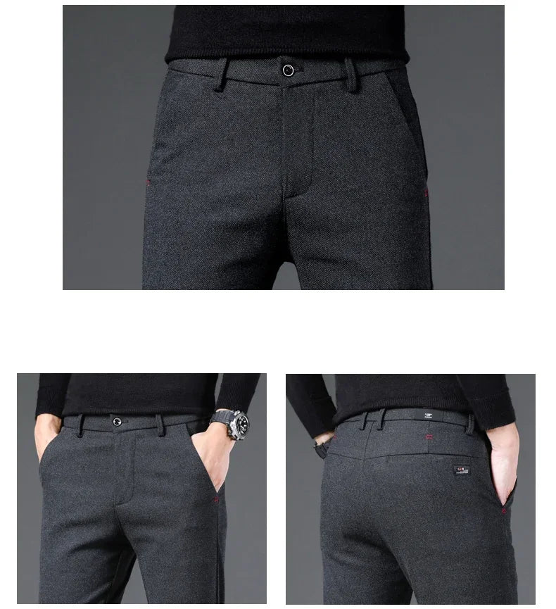 Fashion Men Thermal Fleece Casual Pants Winter Thick Straight Slim Velvet Trousers Brand Clothing Korean Male Pants Size 28-38