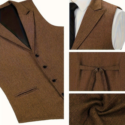 Men Vest Brown Herringbone Single Button With Lapel Waistcoat For Wedding Party Business Work Office Daily Casual Men Suit Vest
