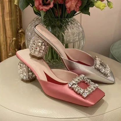 Summer Rhinestone Pumps Women Square Toe Mules Female Crystal High Heels Women Shoes Femmes Chaussures sandalias de las mujeres