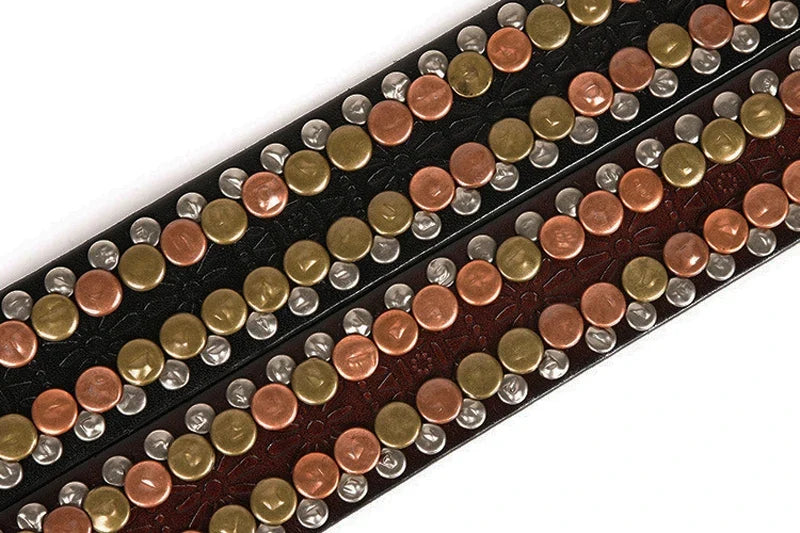3.8CM  Hip Hop Punk Style Men Belt Round Rivet Real Genuine Cowskin Leather Strap Male Cowboy Studded Belts Rock Waistband