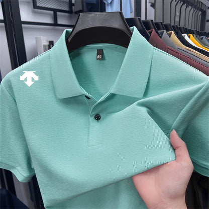 100% men's summer luxury brand polo shirt lapel geometric printing short sleeves t-shirt outdoor leisure men clothing tops