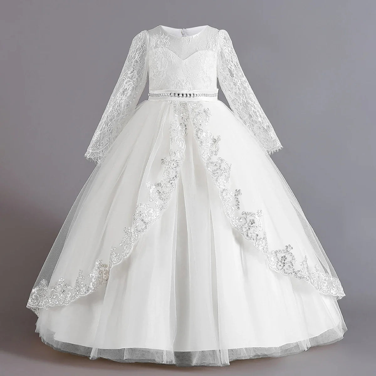 Long Sleeve Baptism Bridesmaids Party Girl Dresses Tulle Wedding Costumes Elegant Flower Princess Dress Girls Birthday Prom Gown