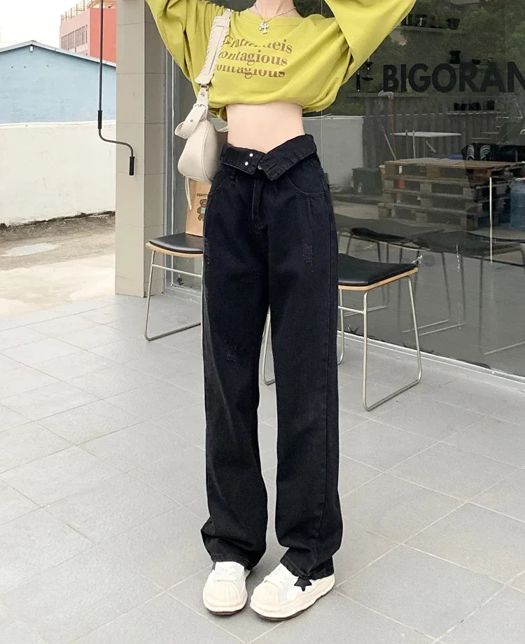 Hight Waist Denim Pant Women Jeans Vintage Straight Trousers Jeans Autumn Spring Fashion Female Black Casual Wide Leg Pants
