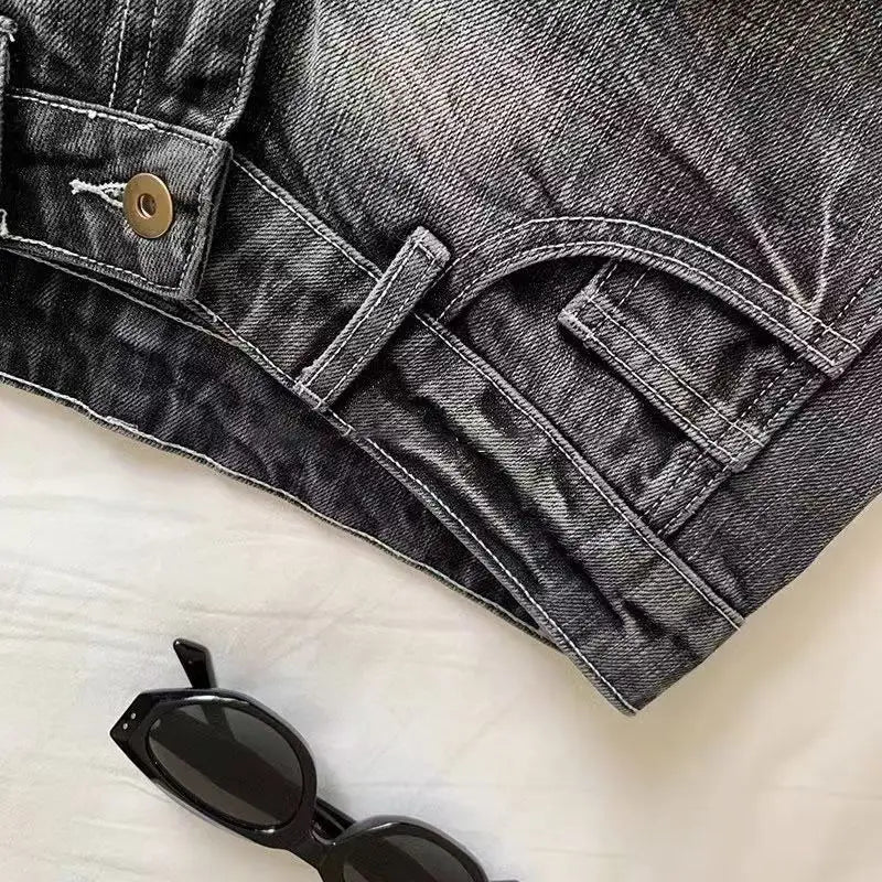 Y2K American Retro Harajuku Women Wash Denim Shorts Pocket Punk Fashion Grey Hot Girl Sexy Slim Fashion Vintage Low Waist Shorts