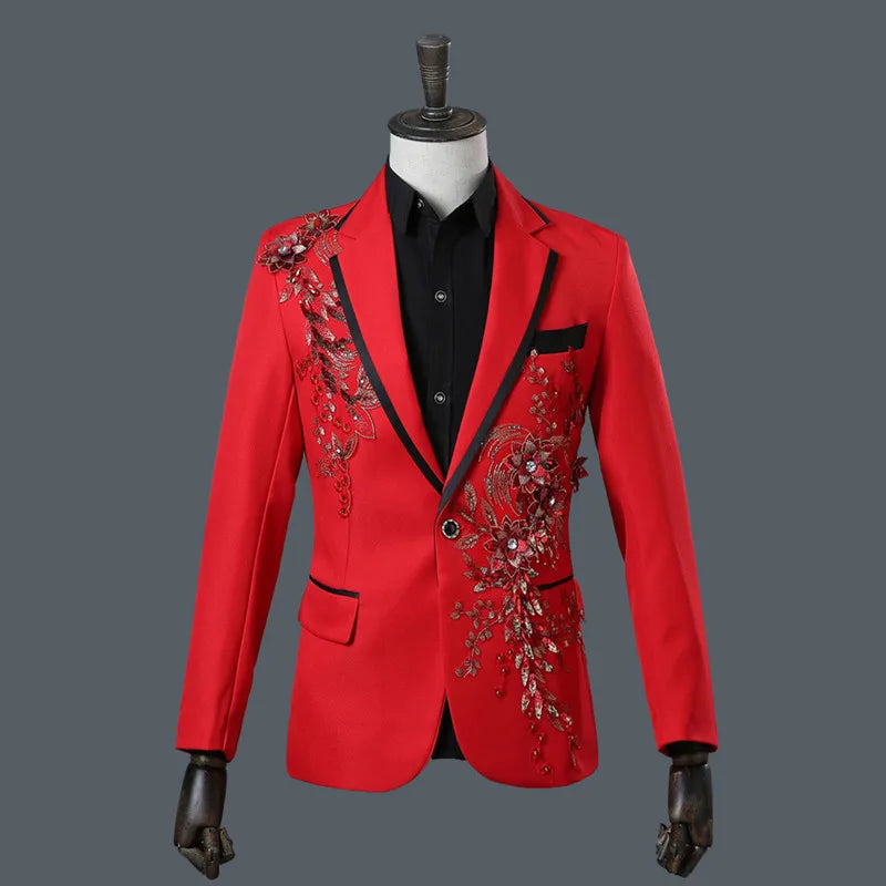 New Men Luxury Decal Suits Black / Red / Blue / White Fashion Singer Host Stage Performance Splicing Flower Blazers and Pants