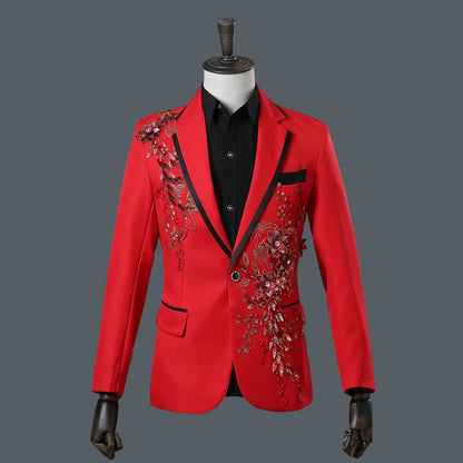 New Men Luxury Decal Suits Black / Red / Blue / White Fashion Singer Host Stage Performance Splicing Flower Blazers and Pants