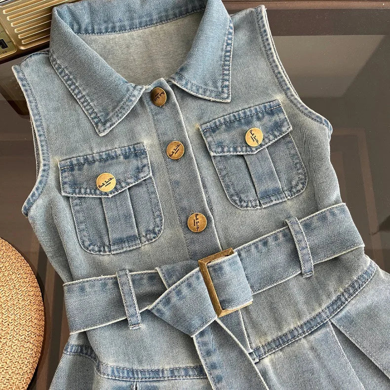 Summer New Girls Denim Dress Belt Decoration Lapel Collar Sleeveless Tutu Princess Dress For 2 -10 Years Kids Fashion Dress